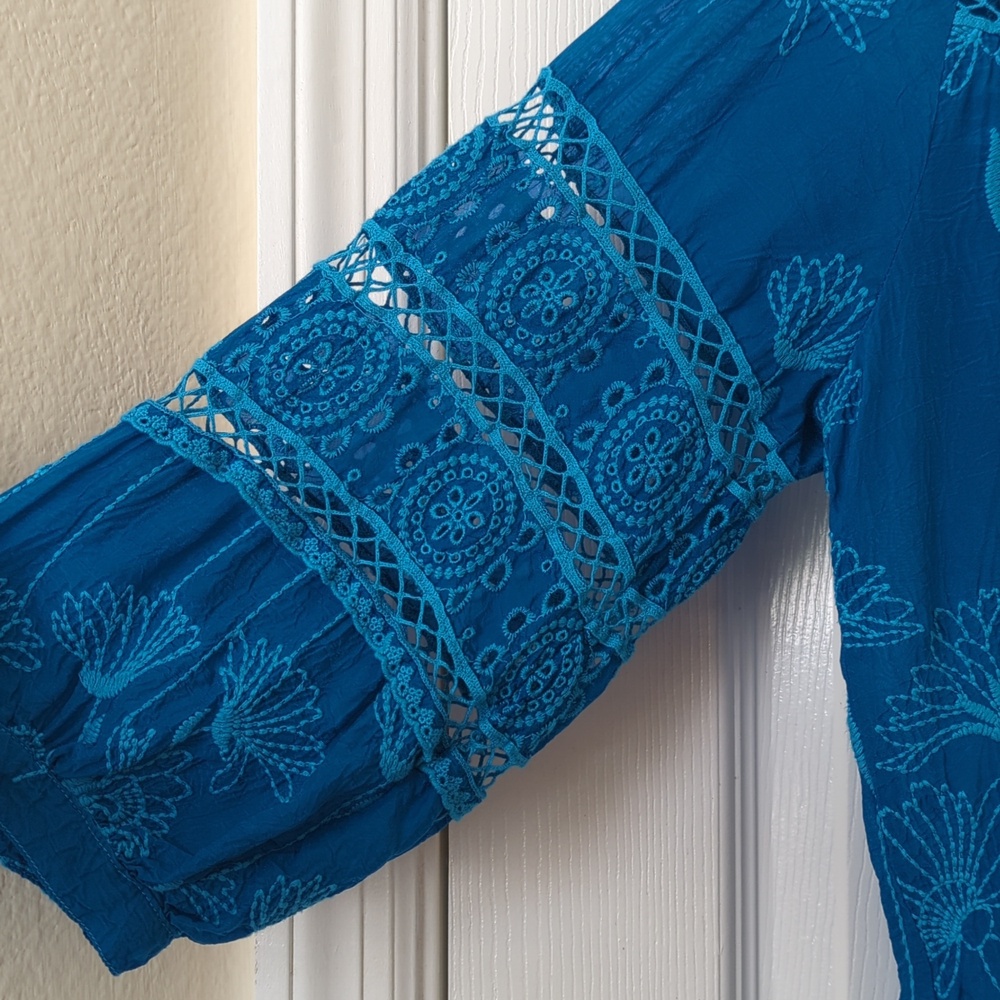 Johnny Was Daisy Peia Boho Floral Embroidered Cupra Rayon Tunic Blouse Blue S - Picture 4 of 12